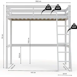 Lit Mezzanine 140x190cm blanc SALA avec incl. Sommier et échelle