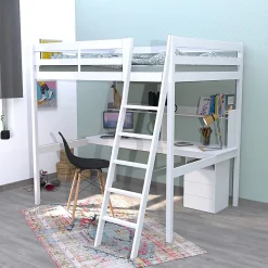 Lit Mezzanine 140x190cm blanc SALA avec Bureau et commode incl. Sommier et échelle
