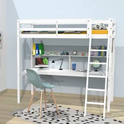 Lit Mezzanine 90x190cm blanc SALA avec Bureau et étagères incl. Sommier et échelle