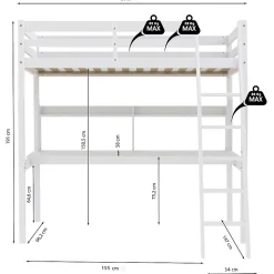 Lit Mezzanine 90x190cm blanc SALA avec Bureau et étagères incl. Sommier et échelle