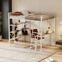 Lit mezzanine 90x200cm, cadre en métal, lit surélevé avec échelle, bureau et 3 grandes étagères pour enfants, adolescents, blanc