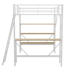 Lit mezzanine 90x200cm, cadre en métal, lit surélevé avec échelle, bureau et 3 grandes étagères pour enfants, adolescents, blanc