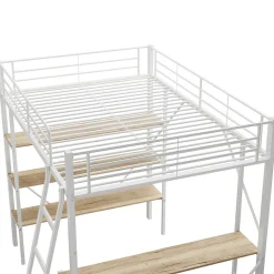 Lit mezzanine 90x200cm, cadre en métal, lit surélevé avec échelle, bureau et 3 grandes étagères pour enfants, adolescents, blanc