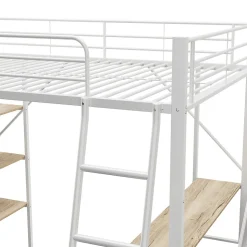 Lit mezzanine 90x200cm, cadre en métal, lit surélevé avec échelle, bureau et 3 grandes étagères pour enfants, adolescents, blanc