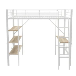 Lit mezzanine 90x200cm, cadre en métal, lit surélevé avec échelle, bureau et 3 grandes étagères pour enfants, adolescents, blanc
