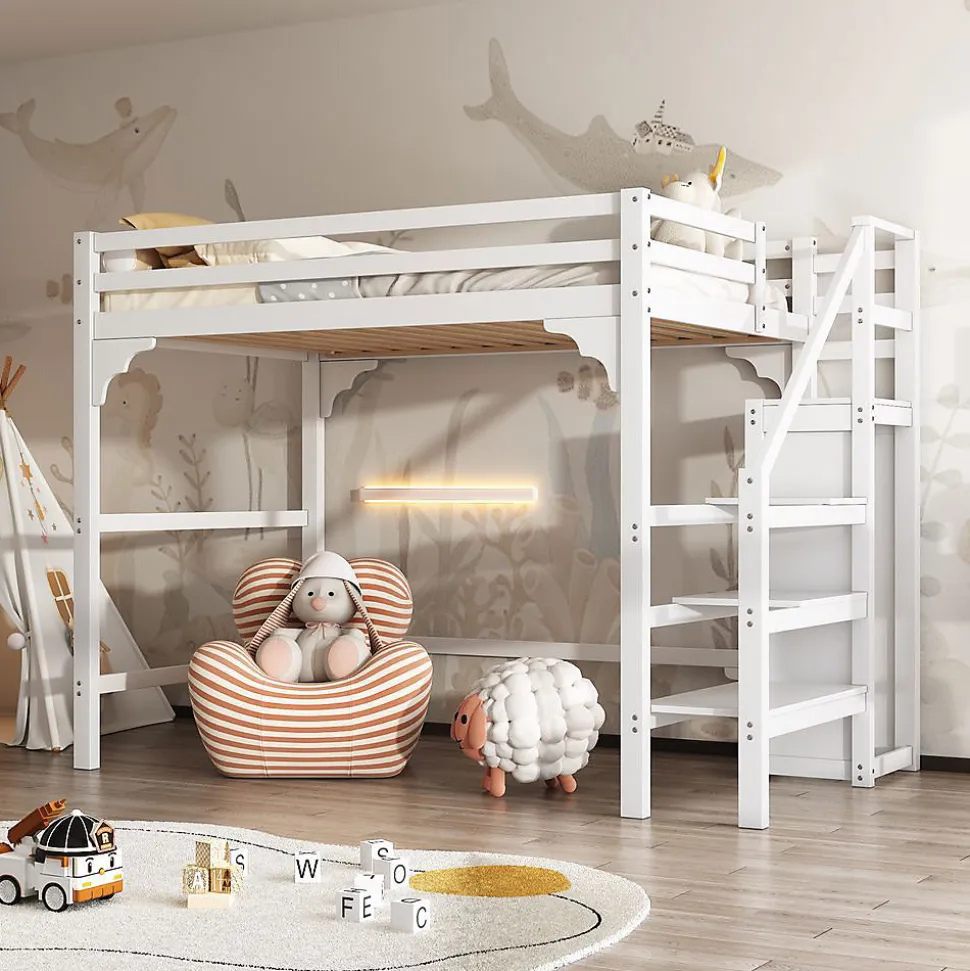 Lit Mezzanine 140X200Cm Escalier Armoire Blanc Blackcolors