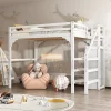 Lit mezzanine 140x200cm, lit d'enfant avec sommier à lattes, escalier avec armoire de rangement, anti-chute, blanc