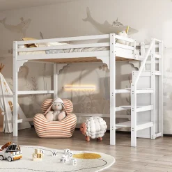 Lit mezzanine 140x200cm, lit d'enfant avec sommier à lattes, escalier avec armoire de rangement, anti-chute, blanc