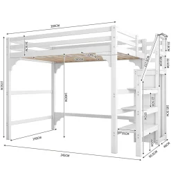 Lit mezzanine 140x200cm, lit d'enfant avec sommier à lattes, escalier avec armoire de rangement, anti-chute, blanc