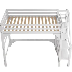 Lit mezzanine 140x200cm, lit d'enfant avec sommier à lattes, escalier avec armoire de rangement, anti-chute, blanc