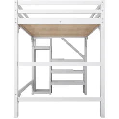 Lit mezzanine 140x200cm, lit d'enfant avec sommier à lattes, escalier avec armoire de rangement, anti-chute, blanc