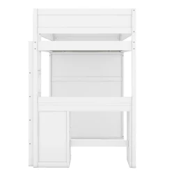 Lit mezzanine 90x200cm, lit enfant polyvalent, équipé d'armoire, bureau et tiroirs, échelle, sommier à lattes, pin, blanc