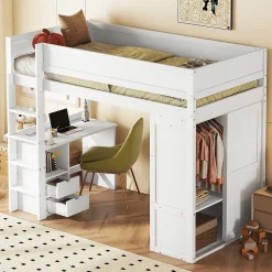 Lit mezzanine 90x200cm, lit enfant polyvalent, équipé d'armoire, bureau et tiroirs, échelle, sommier à lattes, pin, blanc