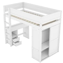Lit mezzanine 90x200cm, lit enfant polyvalent, équipé d'armoire, bureau et tiroirs, échelle, sommier à lattes, pin, blanc
