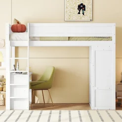Lit mezzanine 90x200cm, lit enfant polyvalent, équipé d'armoire, bureau et tiroirs, échelle, sommier à lattes, pin, blanc