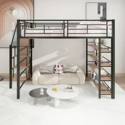 Lit mezzanine 140x200cm, lit enfant avec échelles et étagères de rangement et petite penderie, design haute clôture, noir