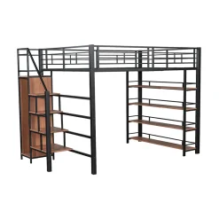 Lit mezzanine 140x200cm, lit enfant avec échelles et étagères de rangement et petite penderie, design haute clôture, noir