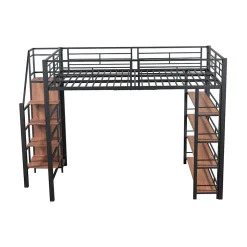 Lit mezzanine 140x200cm, lit enfant avec échelles et étagères de rangement et petite penderie, design haute clôture, noir