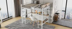Lit mezzanine, 90x200cm, metal, blanc, bureau, etageres, enfants, ados