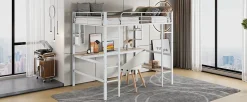 Lit mezzanine, 90x200cm, metal, blanc, bureau, etageres, enfants, ados