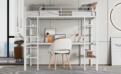 Lit mezzanine, 90x200cm, metal, blanc, bureau, etageres, enfants, ados