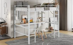 Lit mezzanine, 90x200cm, metal, blanc, bureau, etageres, enfants, ados
