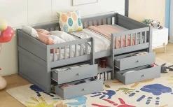 Lit Mi-Haut 90x200cm, 4 Tiroirs, Échelle, Pin, Sans Matelas, Style Minimaliste, Gris