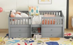 Lit Mi-Haut 90x200cm, 4 Tiroirs, Échelle, Pin, Sans Matelas, Style Minimaliste, Gris