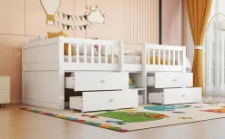 Lit Mi-Haut 90x200cm, 4 Tiroirs, Échelle, Pin, Sans Matelas, Style Minimaliste, Blanc