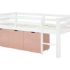 Lit mi-hauteur 90 x 190 cm avec rangement - Pin et MDF - Blanc et rose - LANIORI