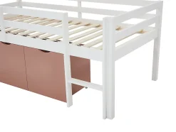 Lit mi-hauteur 90 x 190 cm avec rangement - Pin et MDF - Blanc et rose - LANIORI