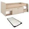 Lit mi-hauteur 90 x 190/200 cm avec rangements - Beige et naturel + Sommier - LUNOBI