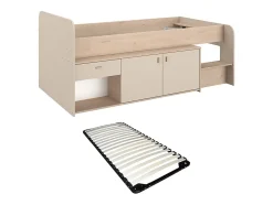 Lit mi-hauteur 90 x 190/200 cm avec rangements - Beige et naturel + Sommier - LUNOBI