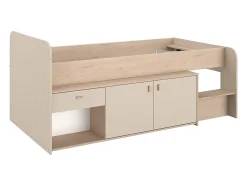 Lit mi-hauteur 90 x 190/200 cm avec rangements - Beige et naturel + Sommier - LUNOBI