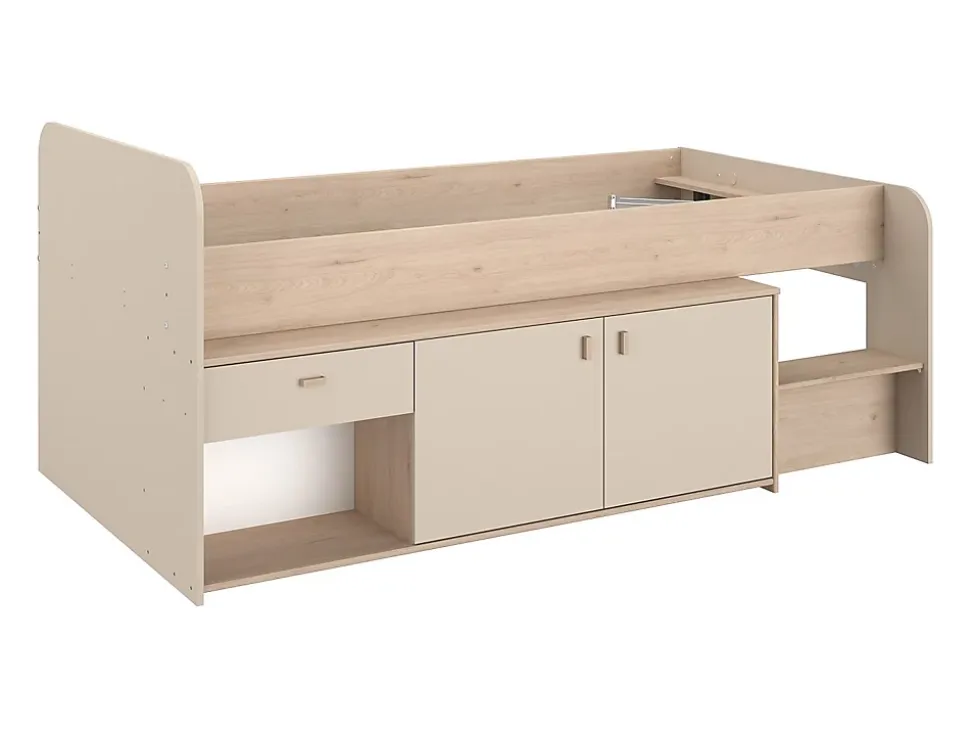 Lit mi-hauteur 90 x 190/200 cm avec rangements - Beige et naturel + Sommier - LUNOBI