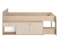 Lit mi-hauteur 90 x 190/200 cm avec rangements - Beige et naturel + Sommier - LUNOBI