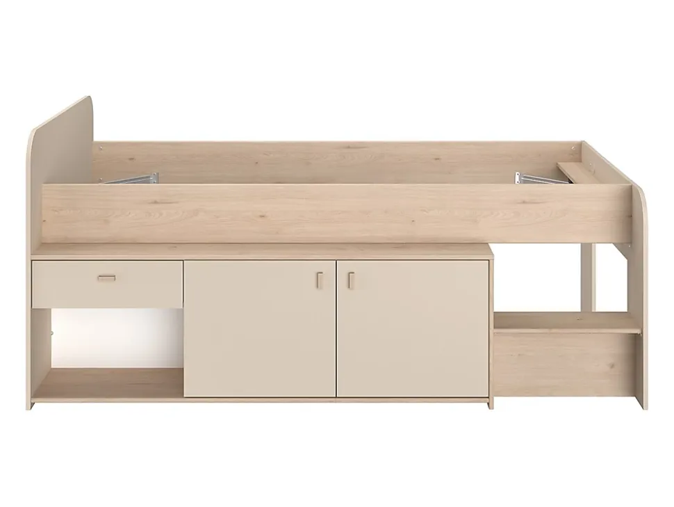 Lit mi-hauteur 90 x 190/200 cm avec rangements - Beige et naturel + Sommier - LUNOBI