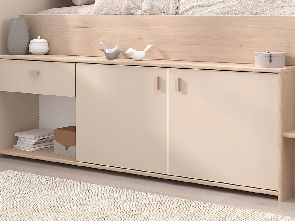Lit mi-hauteur 90 x 190/200 cm avec rangements - Beige et naturel + Sommier - LUNOBI