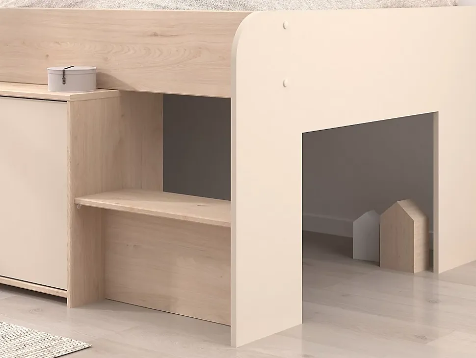 Lit mi-hauteur 90 x 190/200 cm avec rangements - Beige et naturel + Sommier - LUNOBI