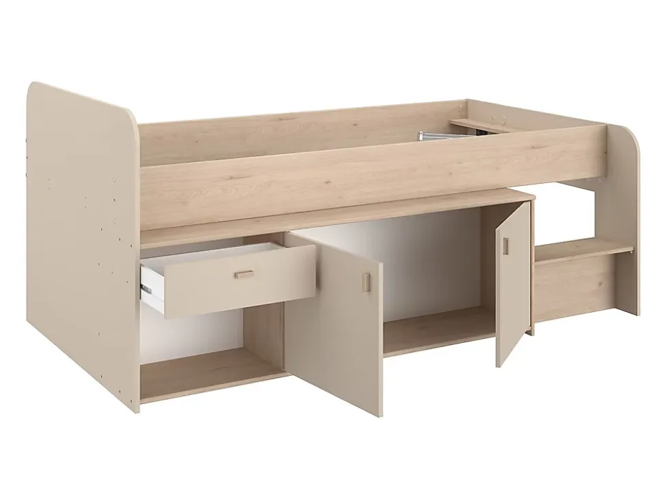 Lit mi-hauteur 90 x 190/200 cm avec rangements - Beige et naturel + Sommier - LUNOBI