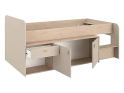 Lit mi-hauteur 90 x 190/200 cm avec rangements - Beige et naturel - LUNOBI