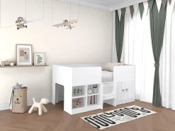 Lit mi-hauteur 90 x 190 cm avec rangements - Coloris : Blanc - BOUTANIO