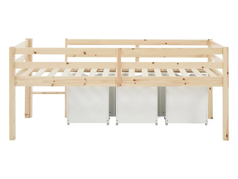 Lit mi-hauteur 90 x 190 cm avec rangement - Pin et MDF - Coloris : Naturel et blanc + Matelas - LANIORI
