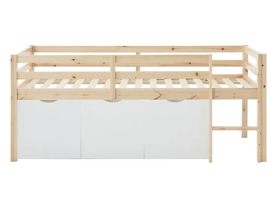 Lit mi-hauteur 90 x 190 cm avec rangement - Pin et MDF - Coloris : Naturel et blanc + Matelas - LANIORI