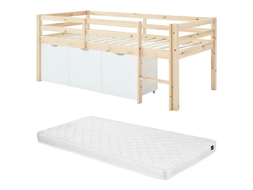 Lit mi-hauteur 90 x 190 cm avec rangement - Pin et MDF - Coloris : Naturel et blanc + Matelas - LANIORI