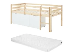 Lit mi-hauteur 90 x 190 cm avec rangement - Pin et MDF - Coloris : Naturel et blanc + Matelas - LANIORI