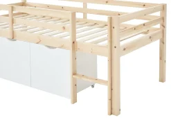 Lit mi-hauteur 90 x 190 cm avec rangement - Pin et MDF - Coloris : Naturel et blanc - LANIORI
