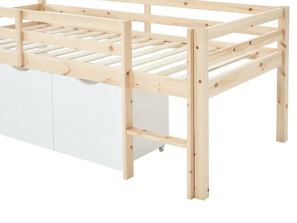 Lit mi-hauteur 90 x 190 cm avec rangement - Pin et MDF - Coloris : Naturel et blanc - LANIORI