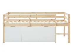 Lit mi-hauteur 90 x 190 cm avec rangement - Pin et MDF - Coloris : Naturel et blanc - LANIORI