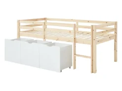 Lit mi-hauteur 90 x 190 cm avec rangement - Pin et MDF - Coloris : Naturel et blanc - LANIORI